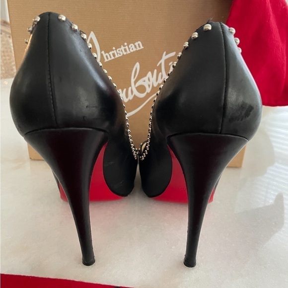 Christian Louboutin- Black Leather Peep Toe Studded Heels - Picture 7 of 11